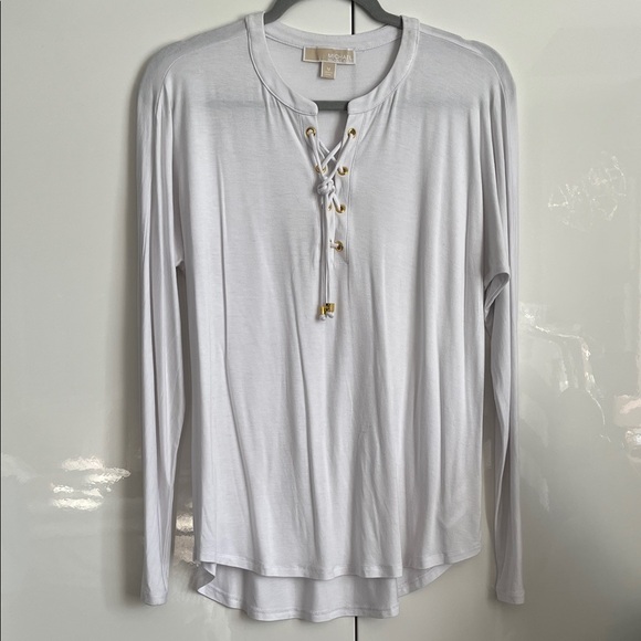 MICHAEL Michael Kors NWOT White Lace-Up Long Sleeve Top Gold Accent, Size M - Picture 1 of 7